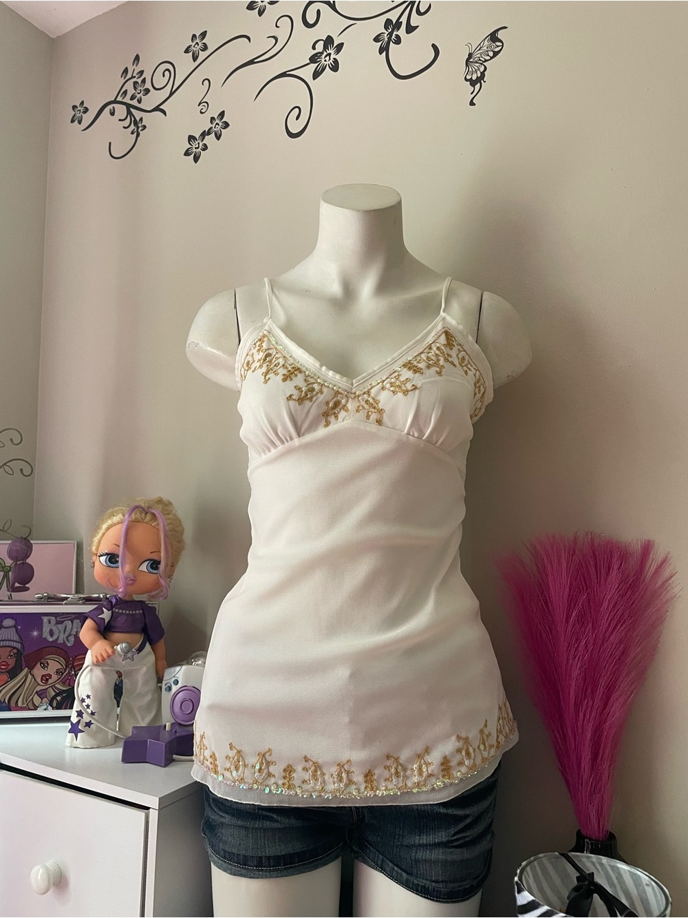White Embroidered V-Neck Camisole with Gold Trim